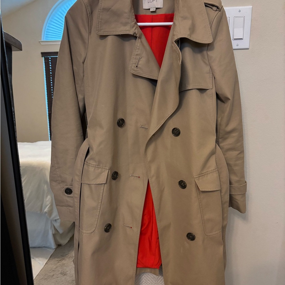 LOFT Beige Coat with Vibrant Red Interior